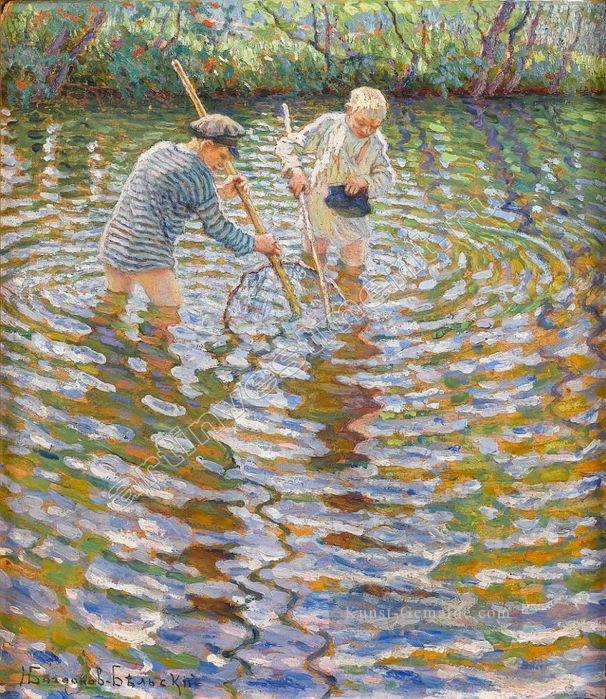Jungen fangen Fisch Nikolay Bogdanov Belsky Ölgemälde